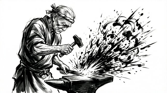 Sumi-e style illustration of a blacksmith forging a sword with a hammer