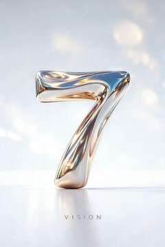 Liquid Chrome Metal Number 7 on a Soft White Background