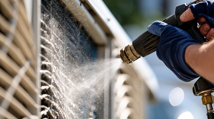 Obraz premium Close up of air conditioner coils being cleaned with a pressure washer creating a fine bright water mist faceless framing on hands and nozzle clean daylight coil cleaning