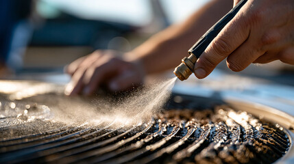 Obraz premium Close up of air conditioner coils being cleaned with a pressure washer creating a fine bright water mist faceless framing on hands and nozzle clean daylight coil cleaning