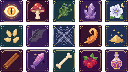 Set of magic potion ingredient icons with dragon eye, mushroom, herb, crystal, flower, seeds, bat wing, spider web, feather, cinnamon, bone and berries in fantasy frame © Enduro Lenzo 