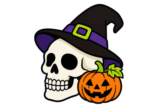 Skull with witch hat and jack o lantern pumpkin