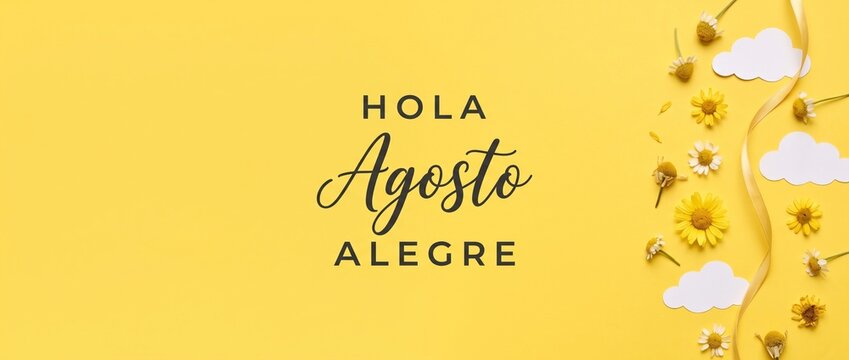 Hola Agosto Alegre summer background with yellow daisy flowers paper cut clouds and ribbon on flat lay. Bright Spanish Hello August greeting card banner with copy space for seasonal marketing concept.
