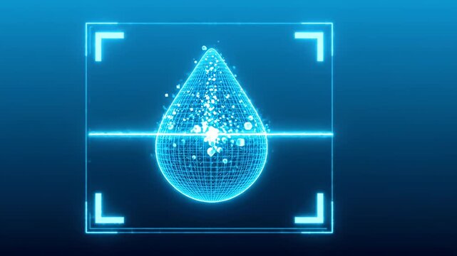 Digital wireframe water drop scan on blue background