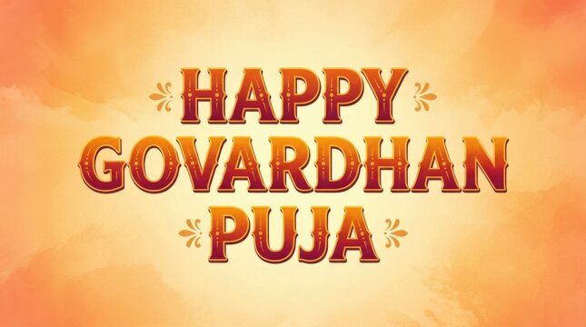Happy Govardhan Puja typography with floral ornaments a celebratory vector illustration on a gradient orange background festival indian hindu religious holiday text lettering