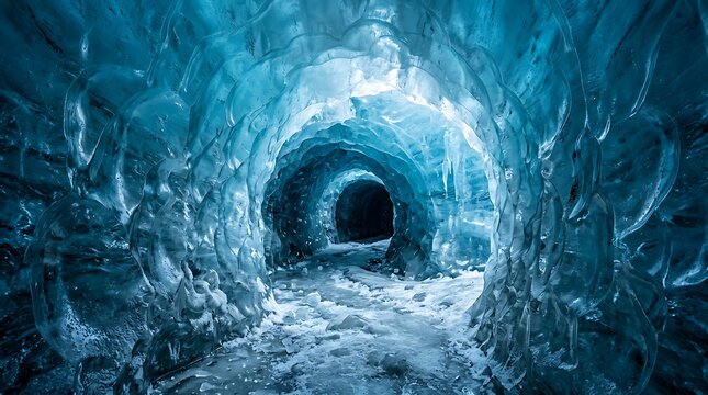 Glowing blue ice cave tunnel. Frozen glacier cavern with natural crystal ice formations.
