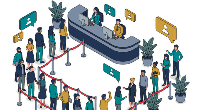 Isometric vector illustration of diverse people queuing in line at bank reception desk counter, illustrating customer support management, representing efficient corporate queue system