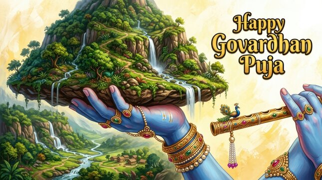 Illustration of a mountain landscape held in a blue hand with text for the Govardhan Puja festival digital painting hindu lush greenery waterfalls