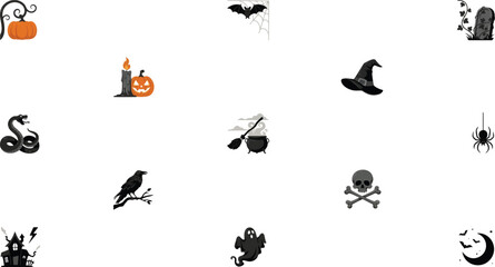 Fototapeta premium Vector Set of Halloween Spooky Icons Featuring Witch Hat Ghost Skull Spider Raven Snake Cauldron Pumpkin Candle Haunted House and Creepy Decorative Elements Collection