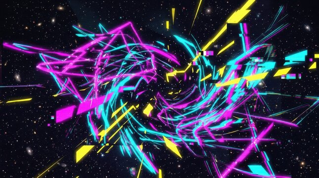 Neon geometric lines and shapes against a dark starry background abstract angled bright colorful composition cyberpunk digital art energy futuristic glow graphic illustration