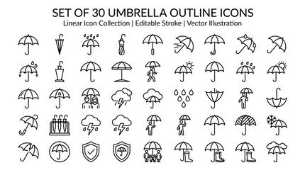 Vector line icon set of umbrella weather elements rain protection and storm forecast isolated on white background © HUANG