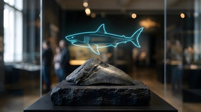 Displaying a large ancient fossilized shark tooth on a dark pedestal with a glowing blue holographic shark projection, creating an immersive educational exhibit for public viewing.