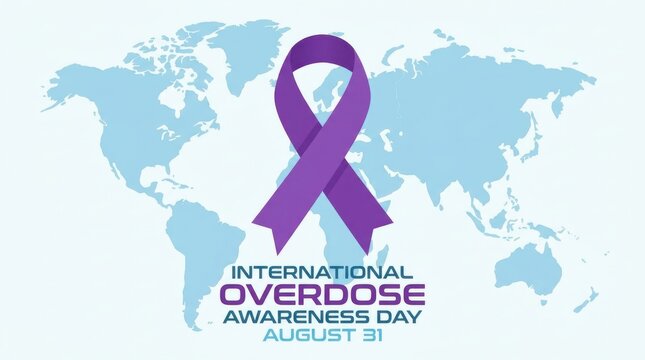Purple ribbon with world map background for international overdose awareness day symbol campaign august thirty-first global health public disease prevention support memorial advocacy