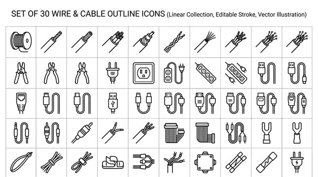 Comprehensive electrical cable and wire outline icons including power plugs, connectors, and utility tools for technical vector graphics