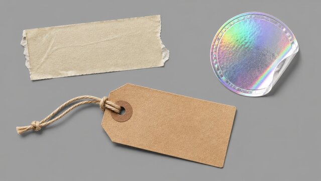 Blank kraft tag, torn masking tape and holographic sticker set