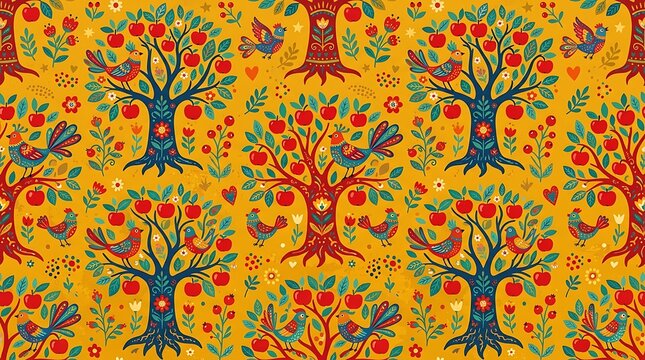 Colorful scandinavian folk art pattern with birds and apple trees
