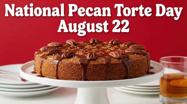 Pecan torte with glazed pecans on a white cake stand studio photography pie nutty dessert baked good pastry confection sweet treat walnuts caramelized
