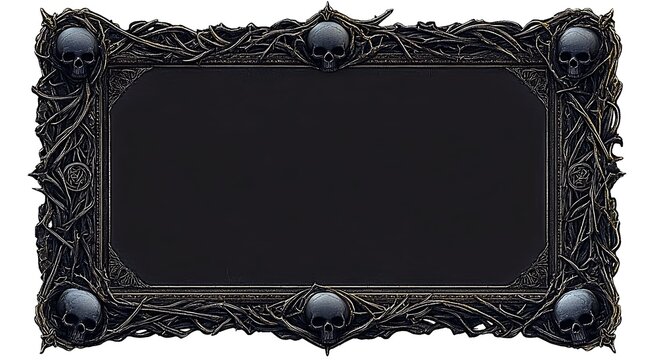 Ornate gothic picture frame decorated with human skulls and twisted vines on a white background