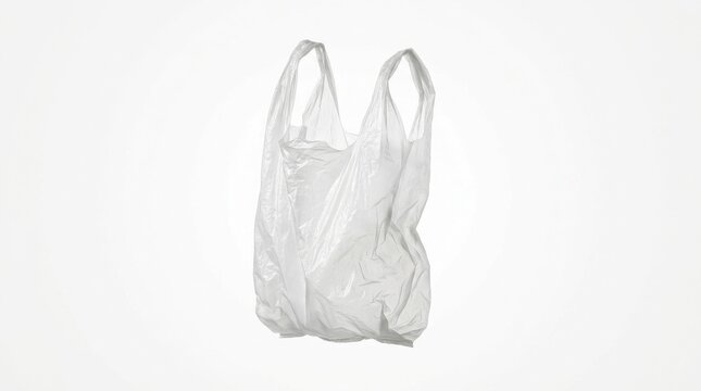 Plastic shopping bag on a white background translucent and crumpled carrier polyethylene poly retail packaging grocery disposable single-use wrinkled sheer clear isolated studio