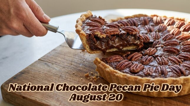 Chocolate pecan pie with a slice being removed rustic wooden surface nut dessert pastry baking sweet treat confectionery food photography still life close-up
