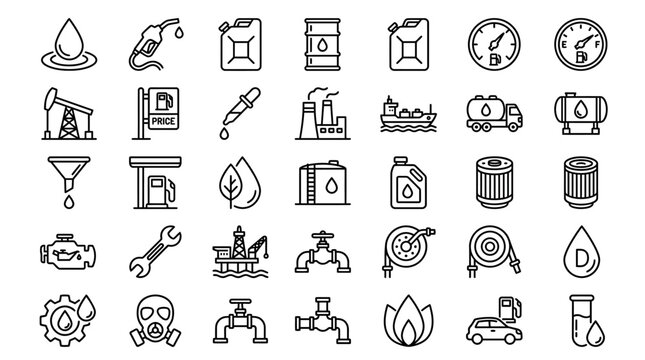 Oil and petroleum industry outline icons set with fuel pump, barrel, tanker truck, and refinery symbols