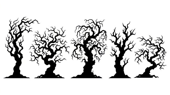 Bare trees silhouette against a white background a collection of gothic botanical shapes tree silhouettes woodland forest branch branches twig twigs wood flora