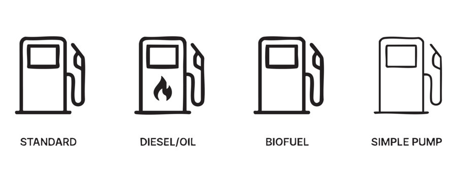 Four fuel pump icons outline, standard diesel oil biofuel simple pump labels.