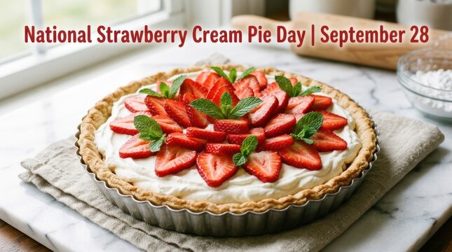 Strawberry cream pie with fresh fruit and mint a golden brown pastry dessert baking filling garnish golden-brown crust sweet treat food photography still