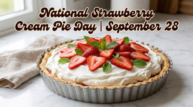 Strawberry cream pie with fresh fruit and whipped topping on a marble surface berry-filled dessert pastry shortcake strawberries baking confectionery sweet treat food