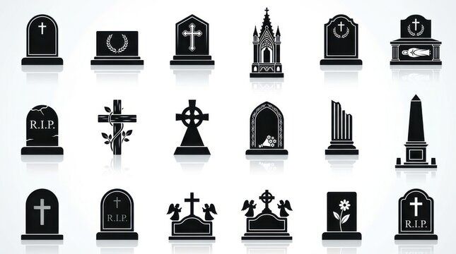 Gravestone silhouettes with reflective surfaces on a white background tombstone headstone grave marker memorial burial cemetery sepulcher monument silhouette black vector graphic illustration