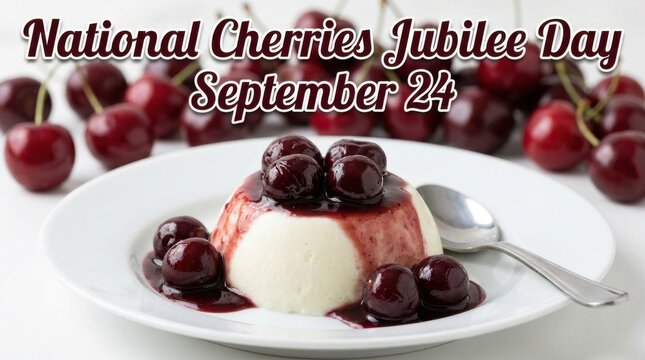 Cherries jubilee dessert with whipped cream and dark cherry sauce food photography sweet treat fruit plated gourmet culinary bakery pastry celebration holiday national