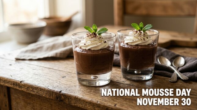 Chocolate mousse in glass tumblers a still life food photography dessert sweet treat pudding creamy rich culinary gourmet dining restaurant cafe confectionery pastry