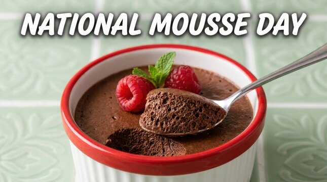 Chocolate mousse in a red ramekin garnished with raspberries and mint dessert raspberry silver spoon food photography still life sweet treat confectionery dairy