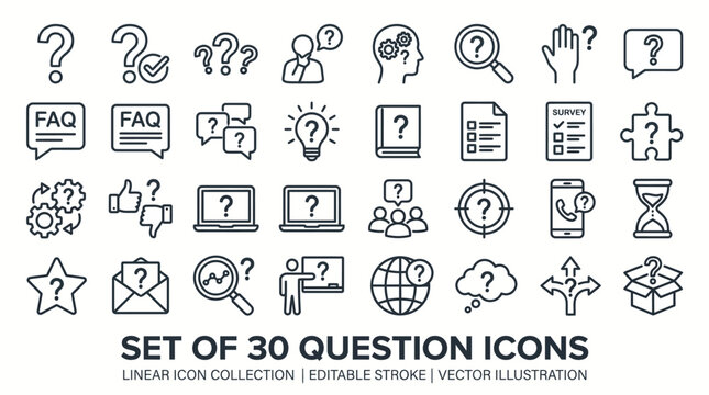 Collection of 30 linear question icons, editable stroke vector illustrations for FAQs, support, and problem-solving