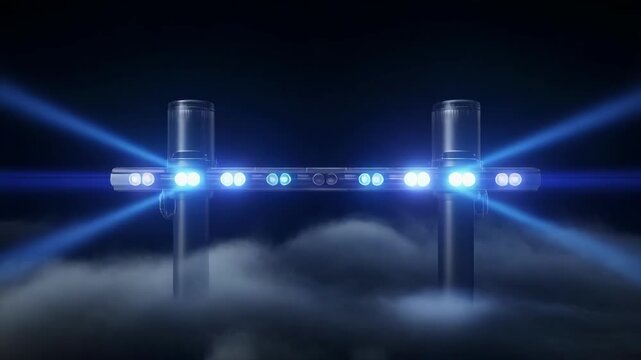 Cross structure with cinematic blue and red lights emerging from fog during night