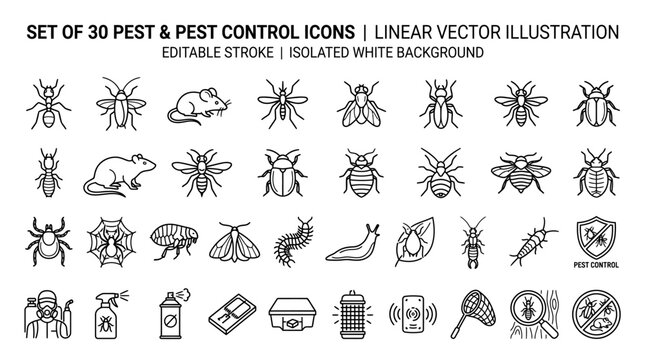 Pest control icon set featuring various insects rodents and extermination equipment for sanitation and professional hygiene management