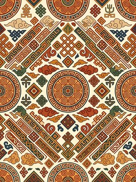 Traditional mongolian pattern with geometric motifs and knots