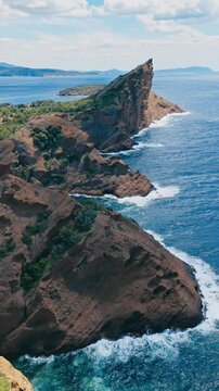 Aerial view of a dramatic rocky coastline and blue Mediterranean Sea. Figuerolles area, La Ciotat. Southern France.