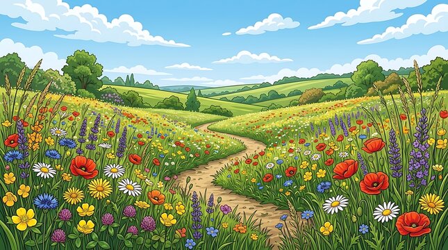 Winding dirt path through a vibrant summer wildflower meadow