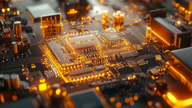 High-resolution focusing on a complex circuit board with illuminated components and orange glow accents.