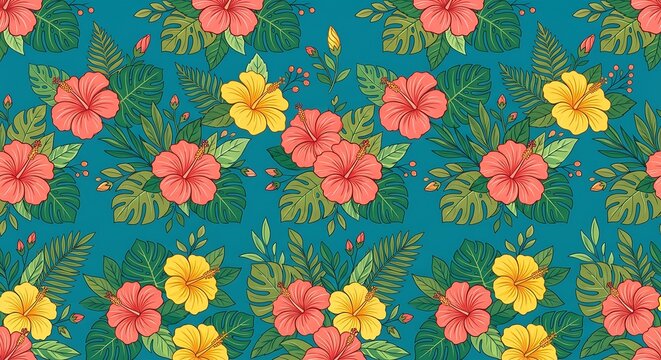 Tropical seamless pattern with hibiscus flowers and monstera leaves