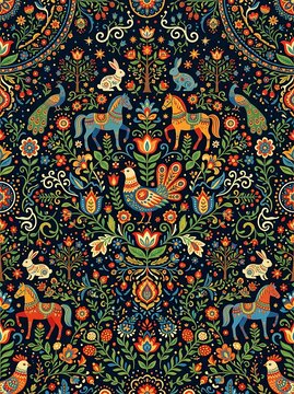 Ornate folk pattern with colorful animals and floral motifs