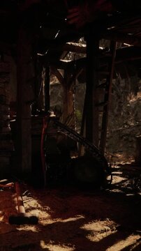 A wooden structure stands in a forest with tools scattered on the ground. Light filters through gaps, casting shadows on the dirt floor. The scene suggests past use and history.