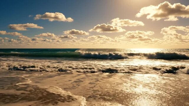 Seaside Serenity: A breathtaking view of the ocean at sunset, with gentle waves lapping at the sandy shore under a sky adorned with fluffy clouds and the warm golden rays of the setting sun.
