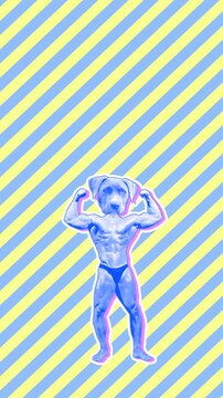Seamless young vertical video of cartoon style dog head bodybuilder with duotono colors and halftone effect. Stop motion photo montage art collage isolated with copyspace.