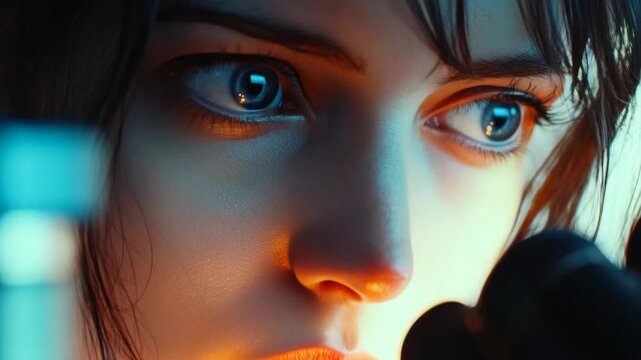 Close-up of a determined young woman's face as she focuses on a small object through the lens of her hand-held device.
