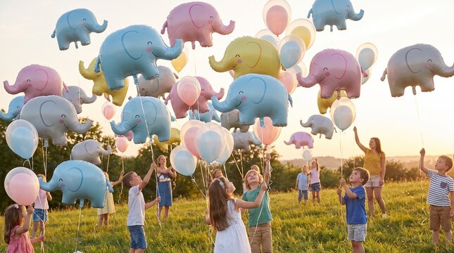 Children releasing colorful elephant shaped balloons in a cheerful outdoor