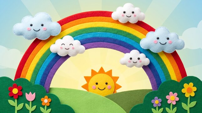 Whimsical felt rainbow arching over cheerful smiling clouds with cheerful sun