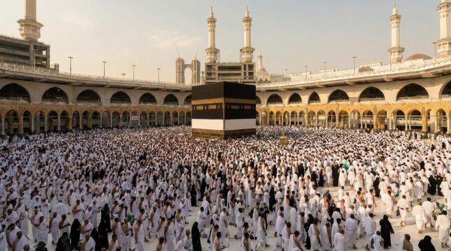 Muslim Pilgrims Performing Tawaf Around the Kaaba at Masjid al-Haram in Makkah