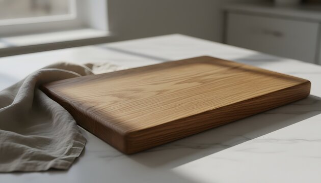 Empty wooden retro kitchen breadboard resting on marble countertop next to linen napkin for culinary product display and food presentation concept with natural light
